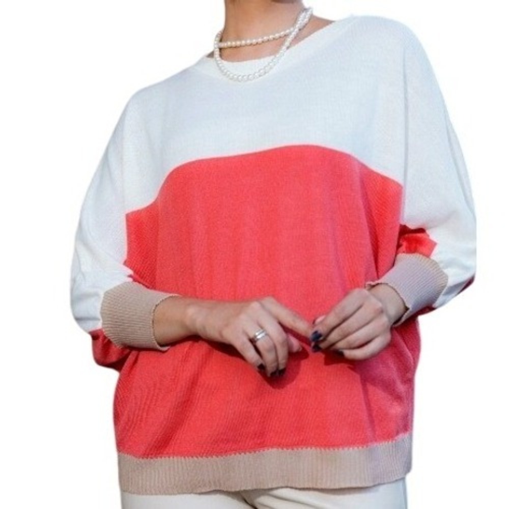 Maeve Anthropologie Coral Colorblock Balloon Sleeve Boat Neck Sweater Size‎ XL